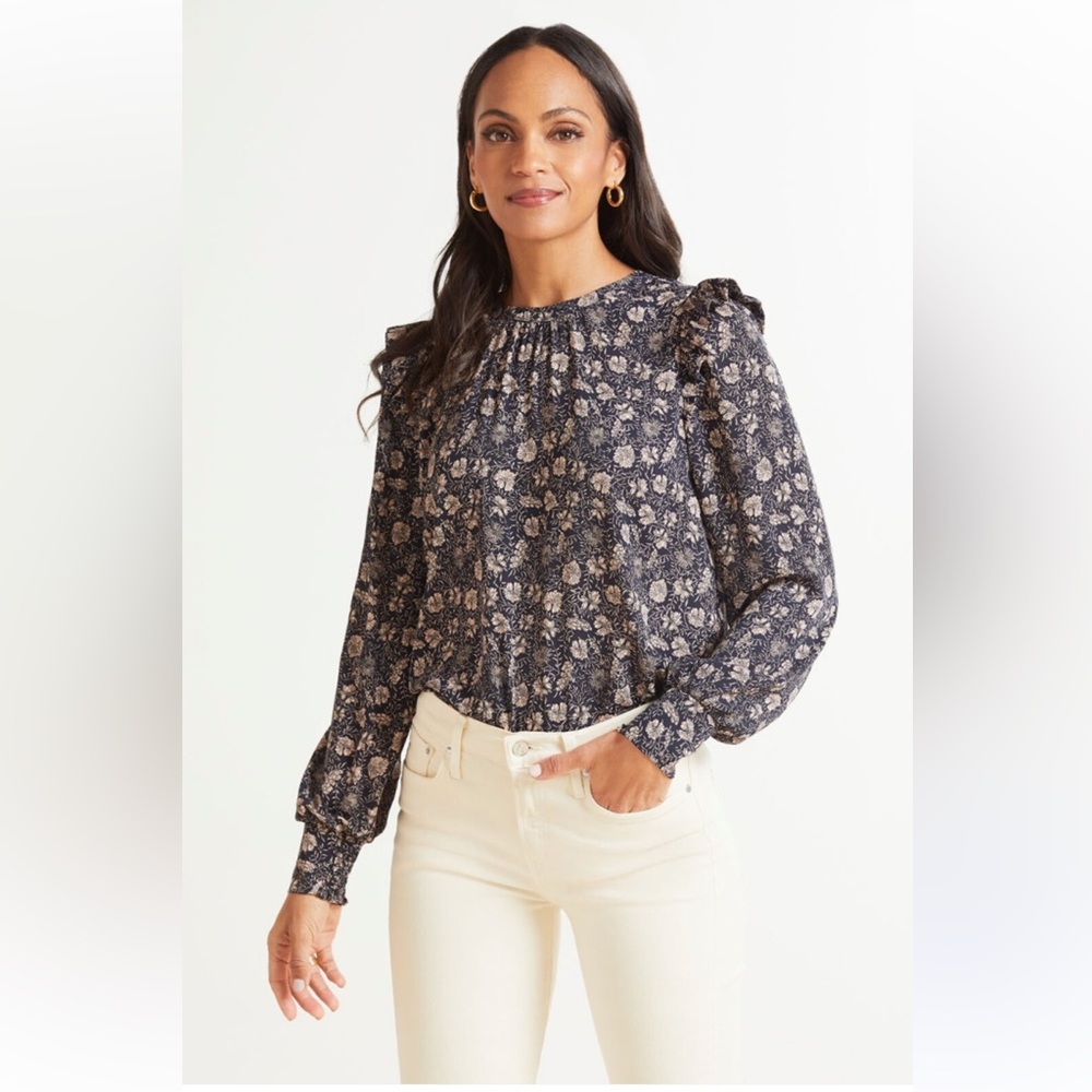 Evereve Daphne Floral ruffle long sleeve blouse top women size Medium